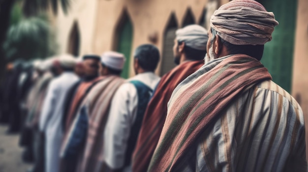 Foto um grupo de homens está em fila do lado de fora de uma mesquita.