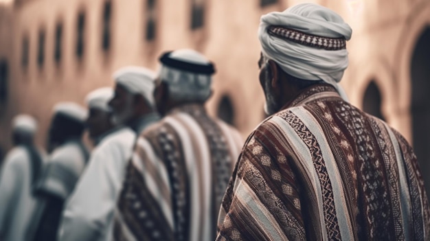 Foto um grupo de homens está em fila, um deles usando um cocar tradicional.