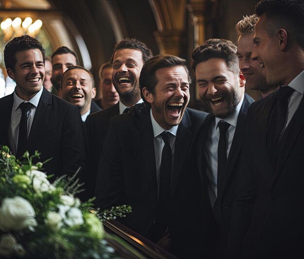 Foto um grupo de homens estão sorrindo e rindo no altar.