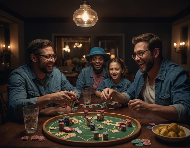 um grupo de homens jogando um jogo de tabuleiro com um homem vestindo um chapéu e óculos