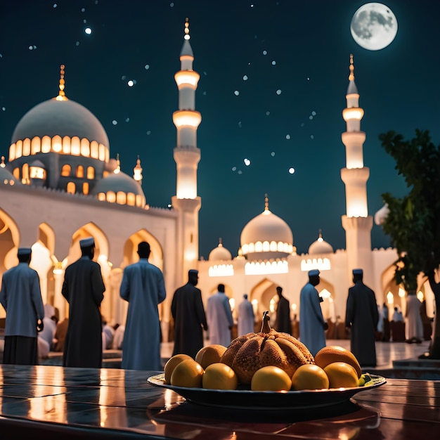 um grupo de homens na frente de uma mesquita com uma lua cheia ao fundo