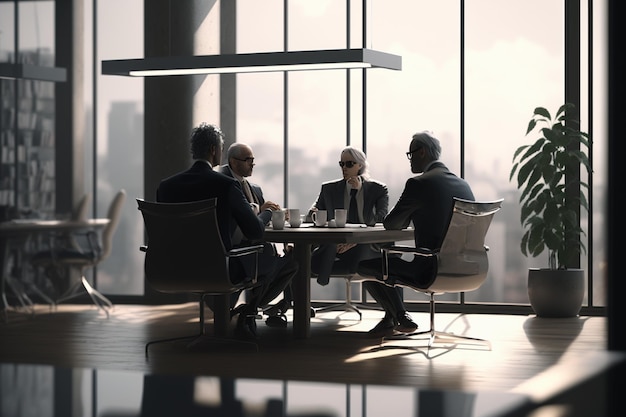 Um grupo de homens sentados ao redor de uma mesa em uma sala de reuniões com uma paisagem urbana ao fundo.