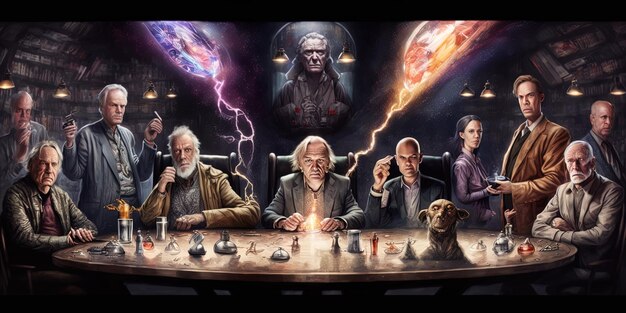 Um grupo de homens sentados em torno de uma mesa com um cartaz que diz o poder do relâmpago