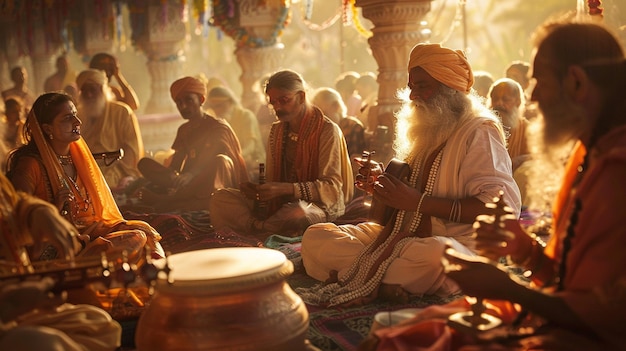 um grupo de homens sentados num templo com o sol a brilhar sobre eles