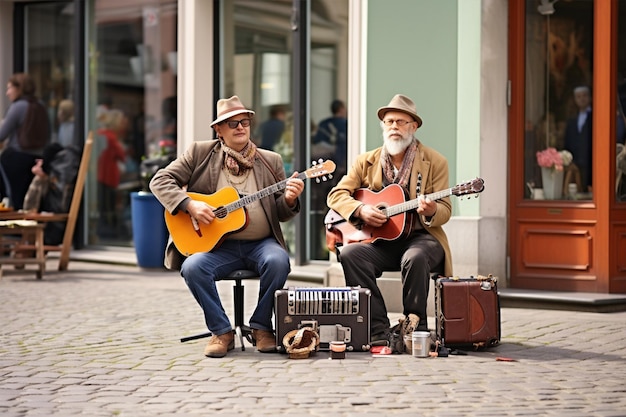 Foto um grupo de homens tocando diferentes guitarras nas ruas da europa músicos de rua