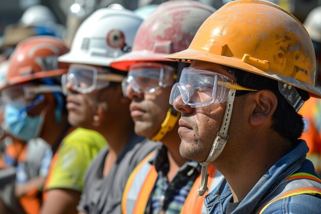 Foto um grupo de homens vestindo capacetes de segurança laranja e óculos de proteção