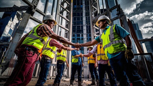 Um grupo de homens vestindo coletes de segurança que dizem "construção"