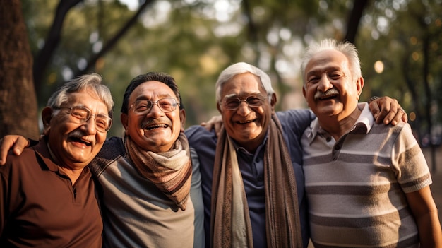 Um grupo de idosos alegres se unindo em um parque Generative AI