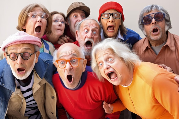 Um grupo de idosos com a boca aberta e a boca aberta