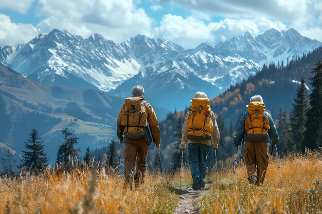 Um grupo de idosos durante a sua viagem de caminhada de montanha com cada caminhada estes idosos descobrem