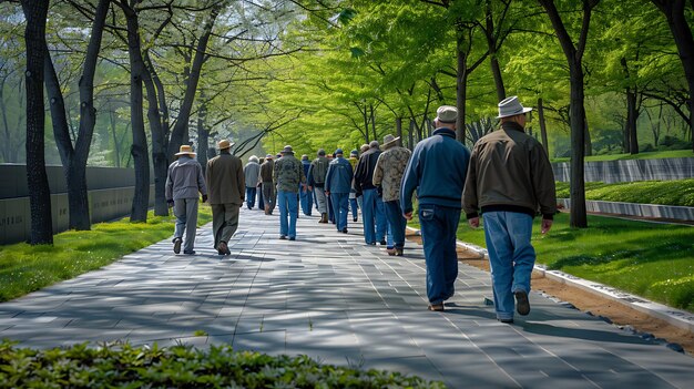 Um grupo de idosos está caminhando por um caminho do parque. Todos estão vestindo roupas casuais e desfrutando do sol.