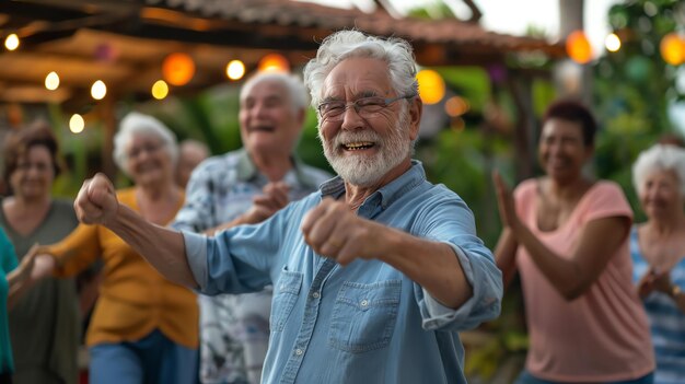 Foto um grupo de idosos está dançando e se divertindo em uma festa. todos estão sorrindo e gostando da música.