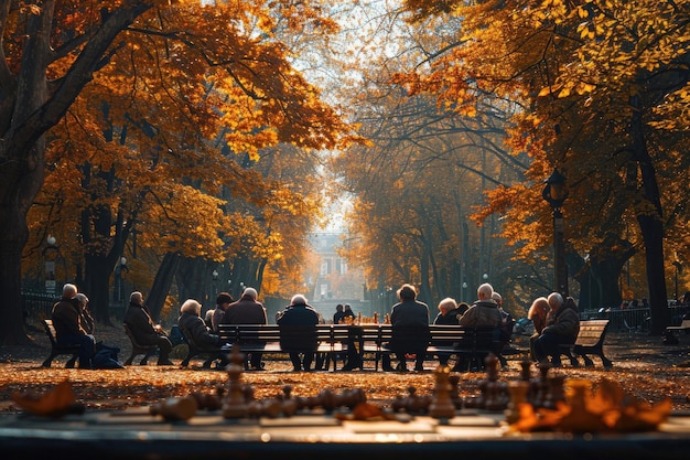 Um grupo de idosos jogando xadrez em um parque