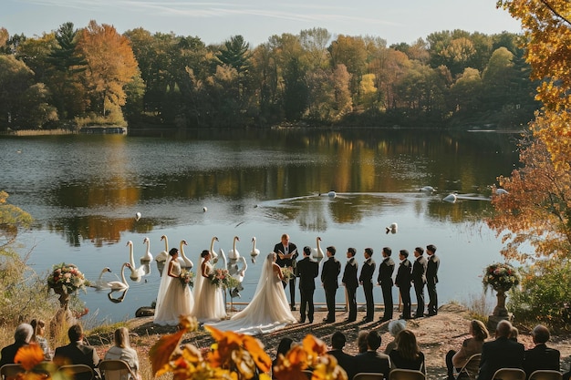 Um grupo de indivíduos de pé juntos perto de um lago sereno desfrutando dos arredores cênicos cerimônia de casamento à beira do lago com cisnes graciosamente flutuando no fundo AI Gerado