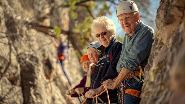 Um grupo de indivíduos mais velhos acompanhados por um guia envolvendo-se em escalada em rocha ao ar livre como parte de