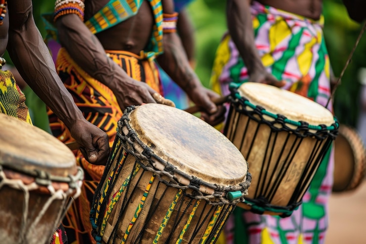 Foto um grupo de indivíduos na áfrica tocando tambores juntos de uma maneira rítmica e enérgica tambores batendo em celebração