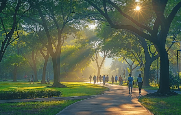 Um grupo de indivíduos passeando no parque pela manhã para se exercitar