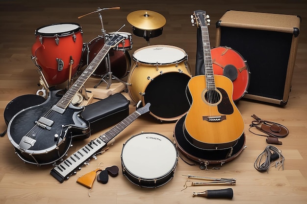 Foto um grupo de instrumentos musicais, incluindo um tambor de guitarra, um teclado e um panderete