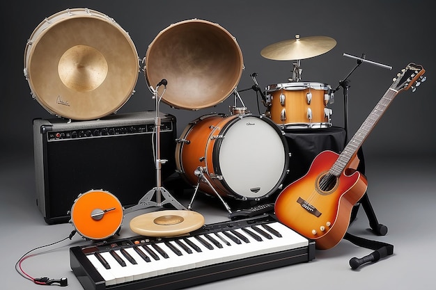 um grupo de instrumentos musicais, incluindo um tambor de guitarra, um teclado e um panderete