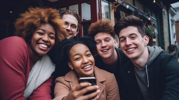 Um grupo de jovens a fazer selfies na rua.