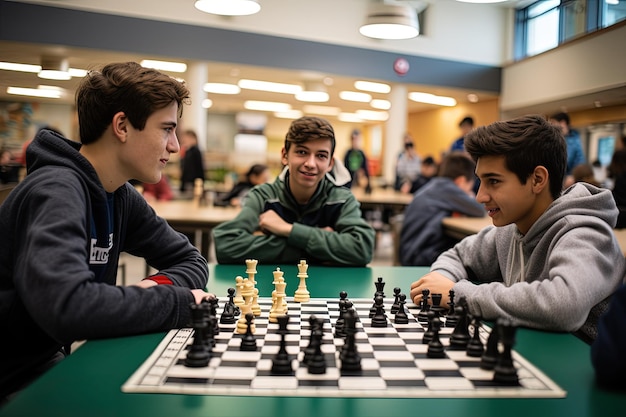 Um grupo de jovens a jogar xadrez.