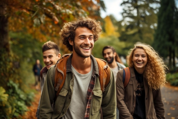 Um grupo de jovens a passear pelo parque.