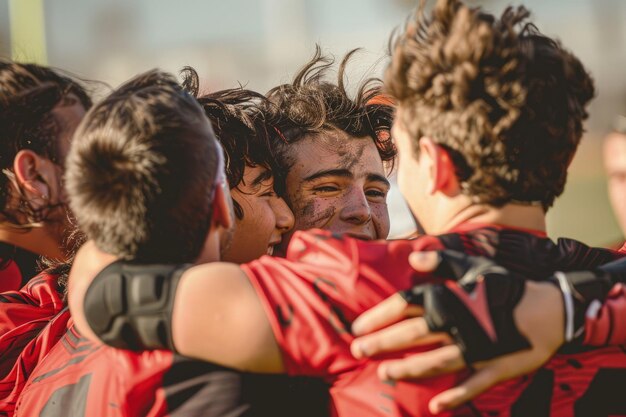 Foto um grupo de jovens abraçando-se