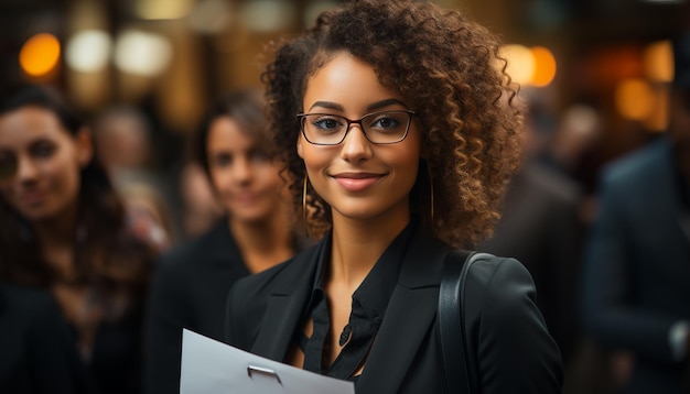 Foto um grupo de jovens adultos bem-sucedidos sorrindo e olhando para uma câmera gerada por inteligência artificial