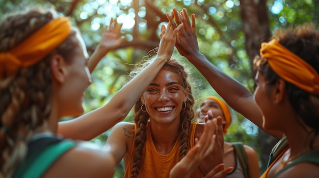 Foto um grupo de jovens amigos a divertir-se num dia quente e ensolarado num parque, estão todos a sorrir e a darem cinco uns aos outros.