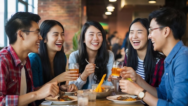 Um grupo de jovens amigos asiáticos felizes a divertir-se, a passar um bom tempo e a rir, a desfrutar de uma refeição sentados.