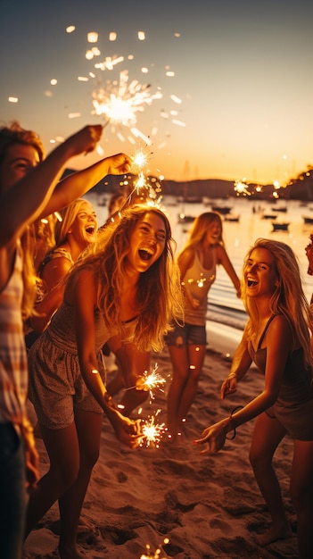 Um grupo de jovens amigos curtindo uma festa na praia no crepúsculo do pôr do sol, amigos estão dançando e festejando com fogos de artifício