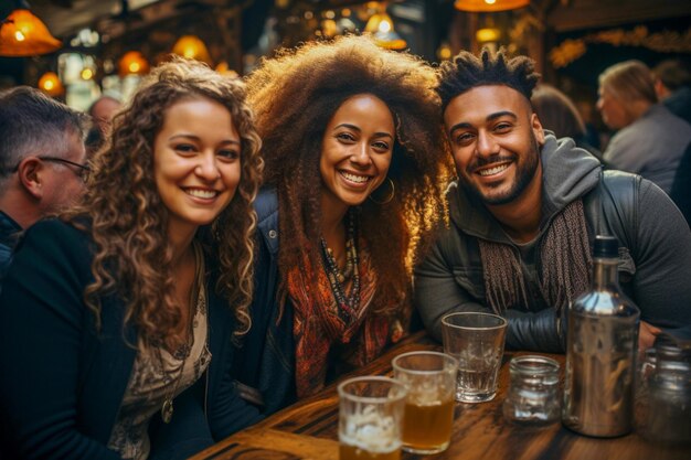 Foto um grupo de jovens amigos felizes e sorridente estão bebendo cerveja em um restaurante de rua