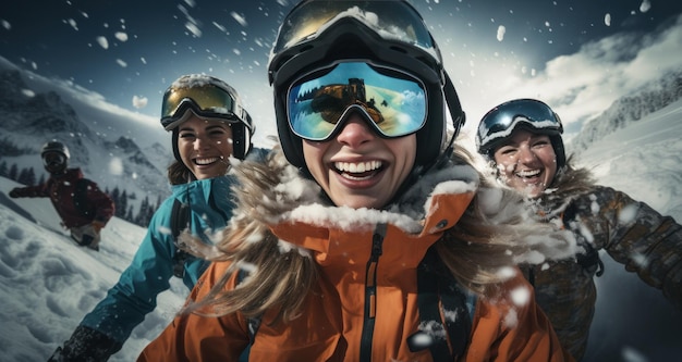 um grupo de jovens atletas esquiando em uma montanha coberta de neve