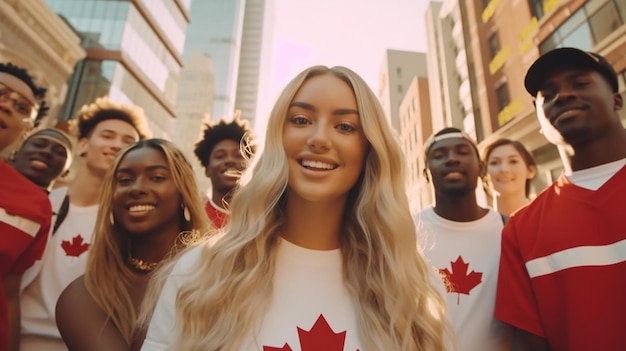 Um grupo de jovens celebrando o Dia do Canadá