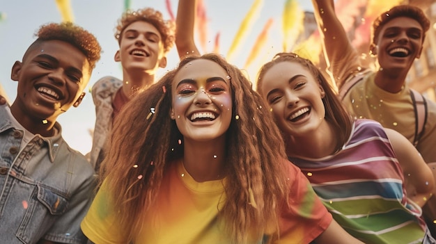 Foto um grupo de jovens celebrando o mês do orgulho