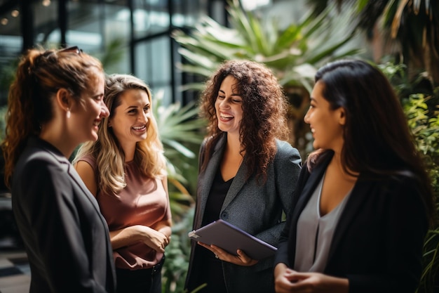 Foto um grupo de jovens de raça mista, mulheres de negócios felizes a conversar no escritório.