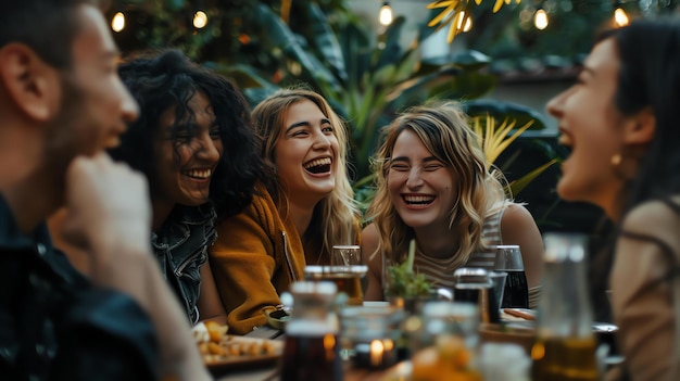 Foto um grupo de jovens diversos e bonitos estão sentados em torno de uma mesa rindo e desfrutando da companhia uns dos outros