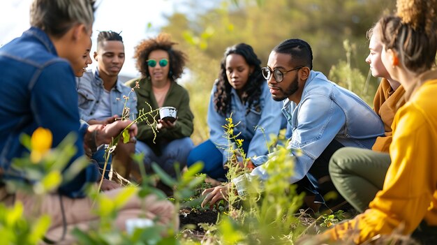 Foto um grupo de jovens diversos está plantando em um jardim comunitário