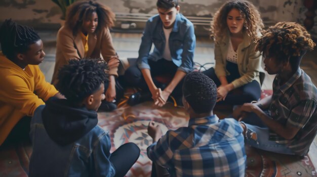 Foto um grupo de jovens diversos está sentado em círculo no chão fazendo uma sessão de terapia de grupo