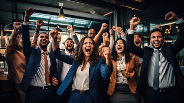 Um grupo de jovens e bonitas empresárias a celebrar o sucesso da sua equipa.