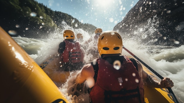 Um grupo de jovens embarca em uma viagem de rafting cheio de montanhas e corredeiras circundantes