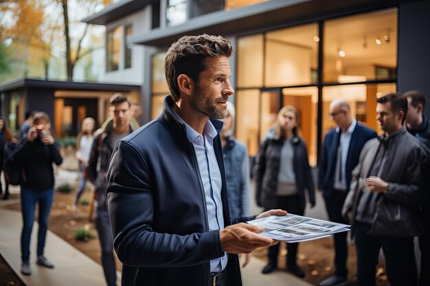 Um grupo de jovens empresários corre para uma reunião de negócios.