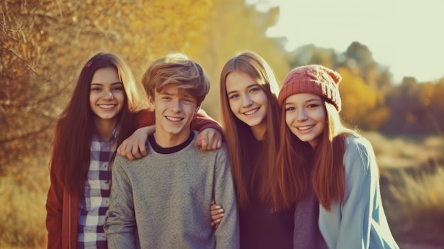 Um grupo de jovens está sorrindo e se abraçando.