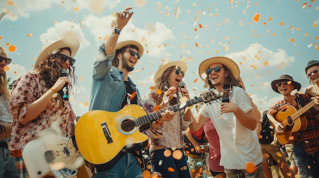 Foto um grupo de jovens felizes cantando e tocando música em um festival de música de verão
