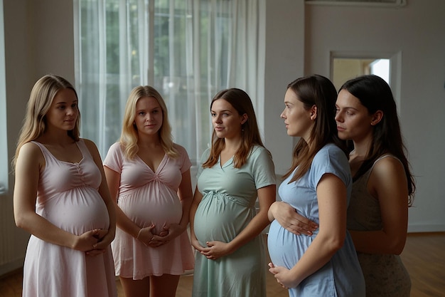 Foto um grupo de jovens grávidas se comunica na aula pré-natal cuidados e consultas de mulheres grávidas