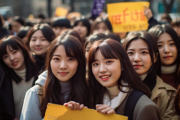 Um grupo de jovens mulheres coreanas na frente de estudantes segurando cartazes de protesto Generative AI