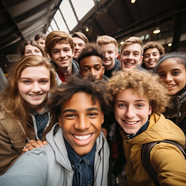 um grupo de jovens posando para uma foto com um deles vestindo uma jaqueta amarela.