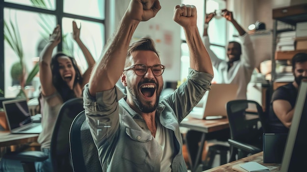 Um grupo de jovens profissionais está a celebrar o seu sucesso no escritório.