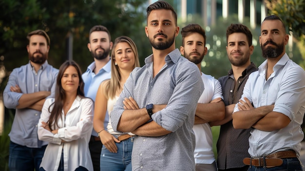 Um grupo de jovens profissionais posando para uma foto, todos sorrindo e olhando para a câmera, vestindo roupas casuais.