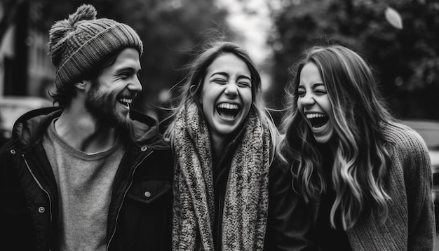 Foto um grupo de jovens se abraça na natureza sorrindo alegremente gerado pela inteligência artificial